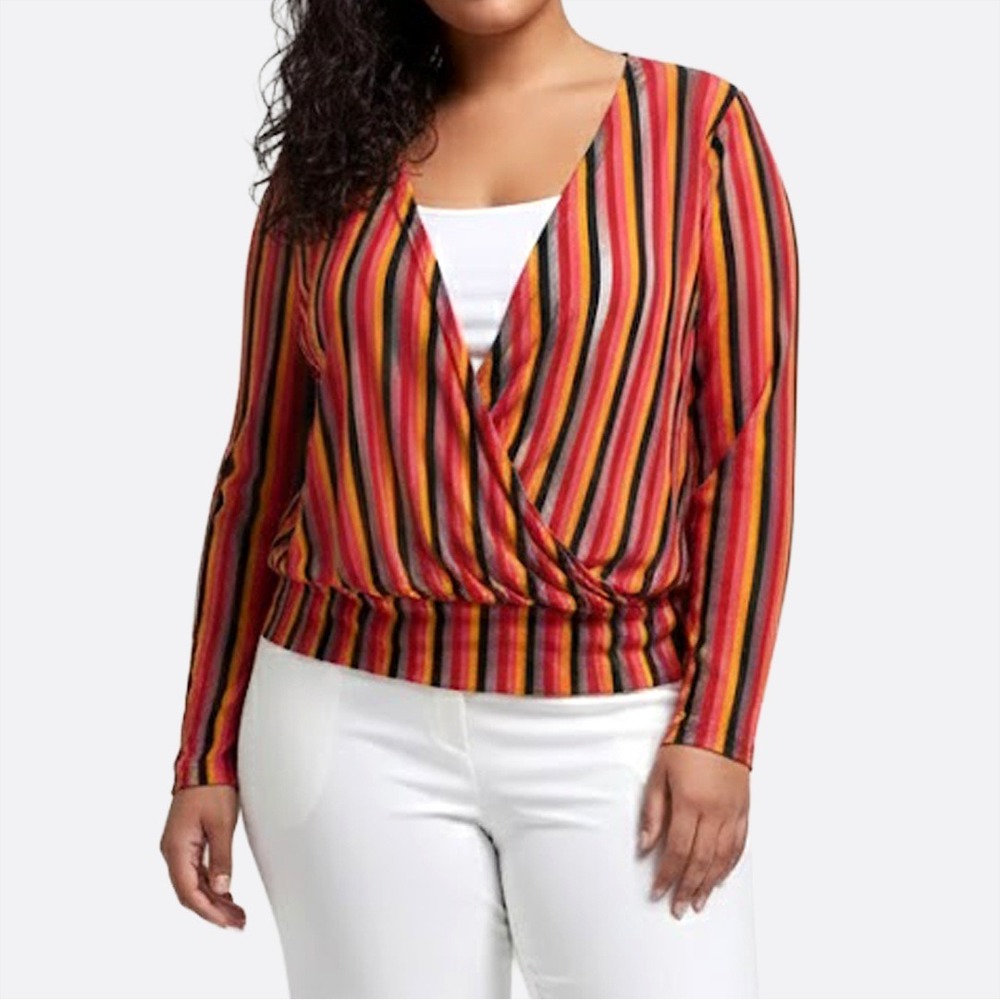 Zara Bold‎ Multi-Stripe Mesh Wrap Blouse Artsy Luxe Statement Top Size 0X L
